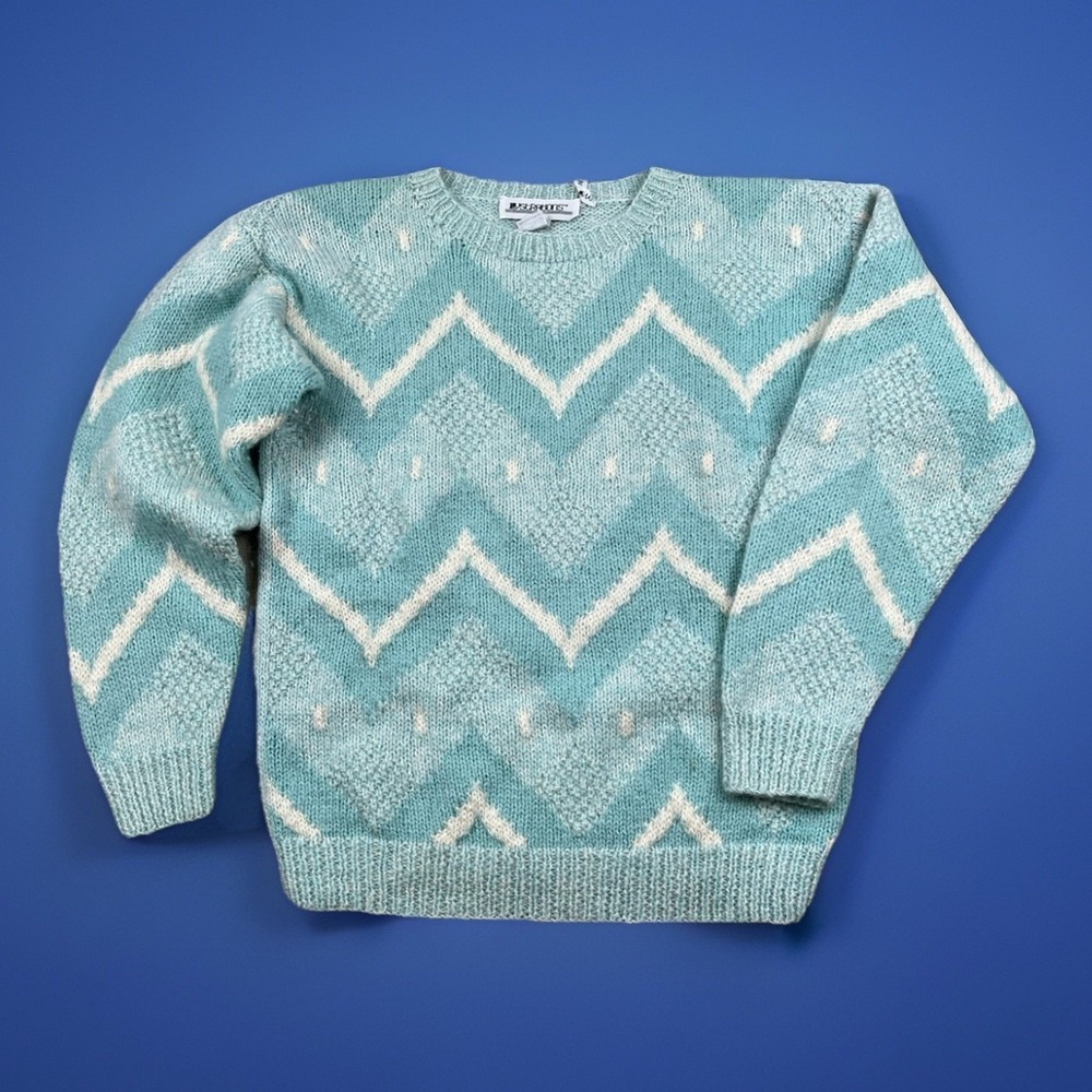 Illustrations Sweater Mohair Blend Hand Knit Blue White Vintage Women Size Small